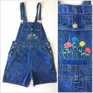 Vintage Cherokee Overalls Shorts Denim Floral Boho